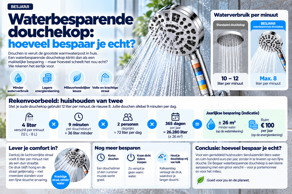 Water besparen met een waterbesparende douchekop van Besjaar