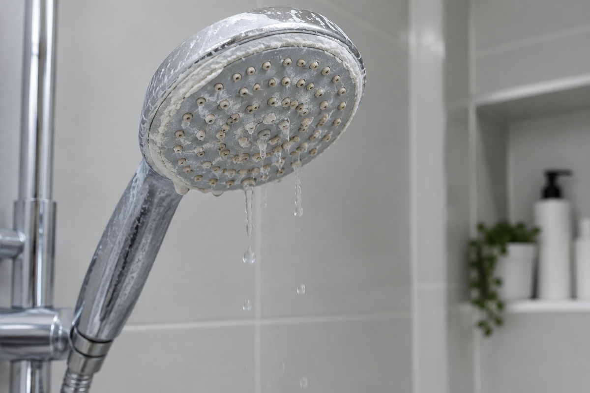 Kalk in de sproeigaatjes van een douchekop zorgt voor lage waterdruk
