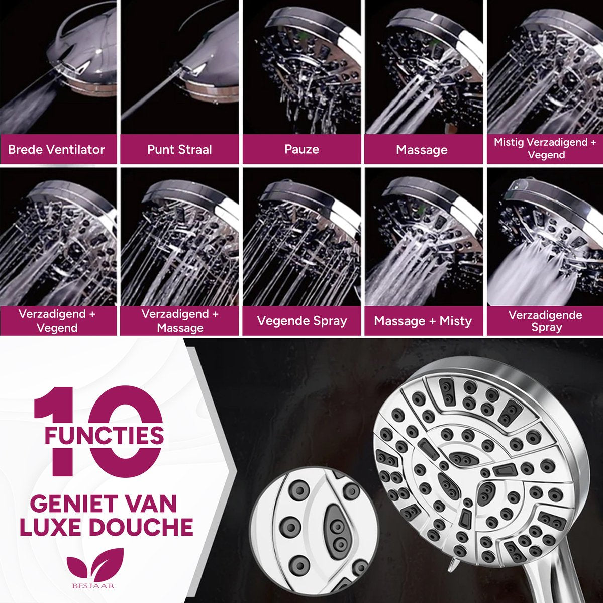Besjaar Douchekop met Filter, 10 standen, zilver