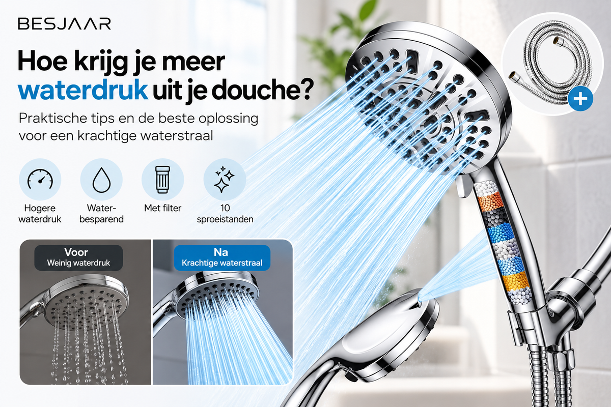 Besjaar douchekop met krachtige waterstraal: meer waterdruk onder de douche
