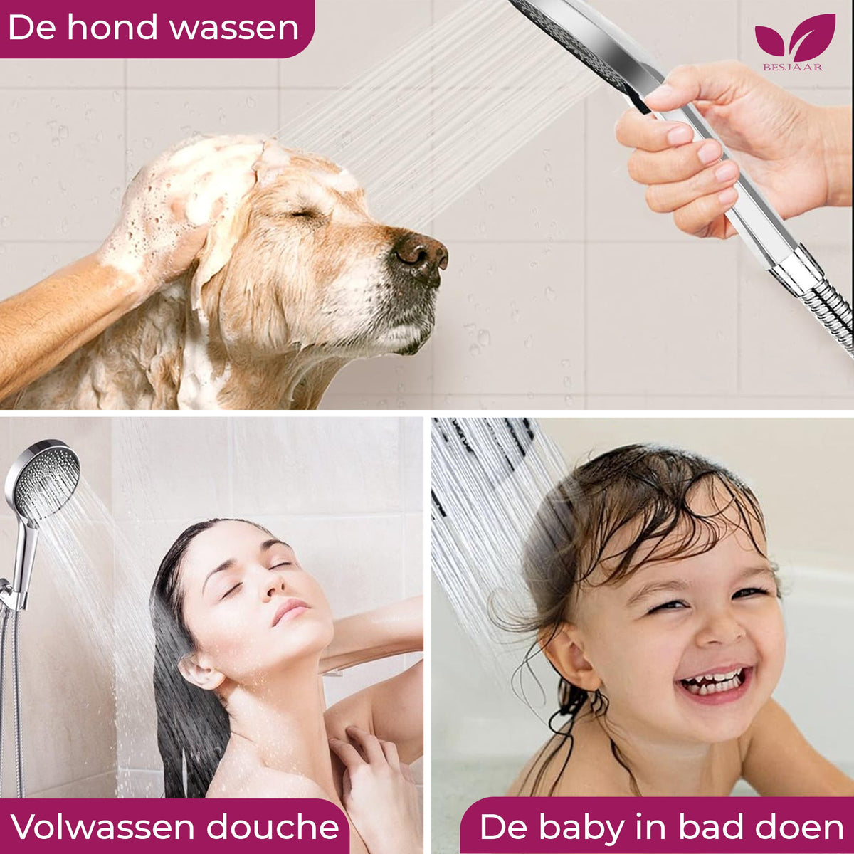 Besjaar Regendouche met Slang, verchroomde handdouche met universele aansluiting