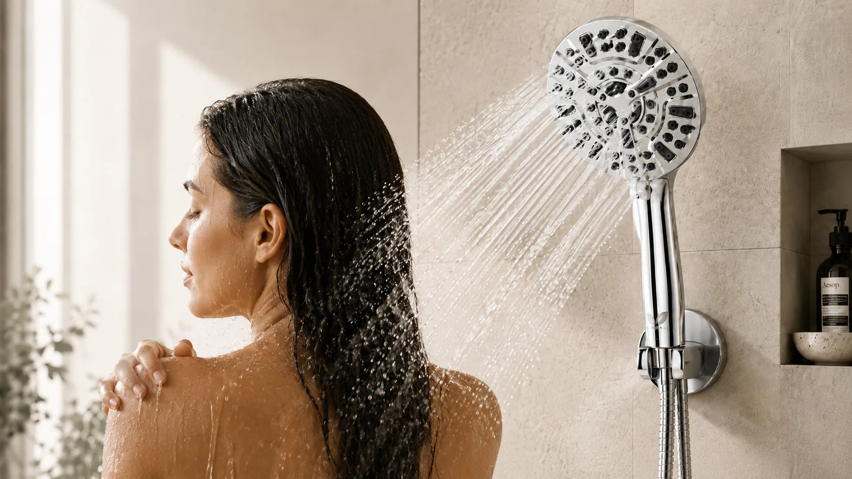 Mujer disfrutando del chorro potente y suave de una ducha de mano cromada Besjaar
